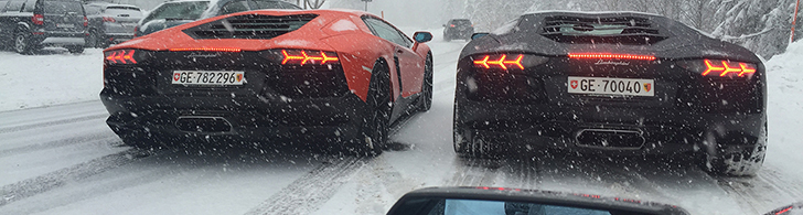 Drei Aventador's in einen Schneesturm geraten
