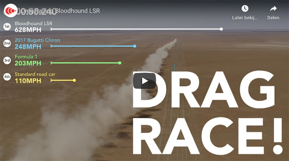 Filmpje: Bloodhound LSR neemt het op tegen Bugatti en Formule 1 auto
