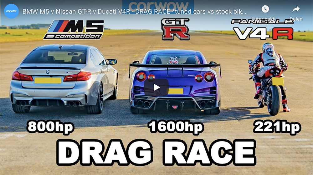 Filmpje: BMW M5, Nissan GT-R en de Ducati V4R in een dragrace