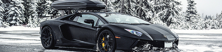 Lamborghini Aventador LP700-4 with a roof box is ideal for skiing